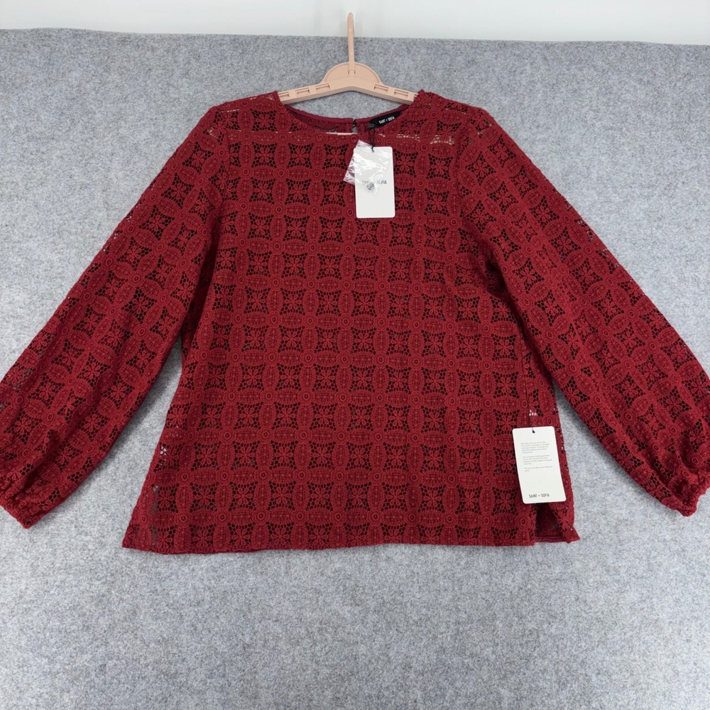 Saint + Sofia Sadie Blouse Burgundy Organic Cotton Lace Eyelet Top USA 10 NEW - Picture 2 of 11